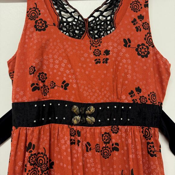 Free People Boho Floral Dress Rust Orange Lace Neckline Ruffle Hem Sz S - Picture 2 of 9